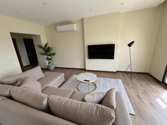Living room with sofa, TV and air conditioner - غرفة المعيشة بالكنبة والتلفزيون والتكييف - furnished apartment Villette SODIC