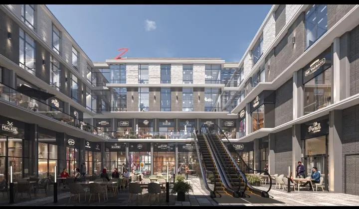 Rendering of a retail courtyard with an escalator and open walkways - unit in 5th Settlement