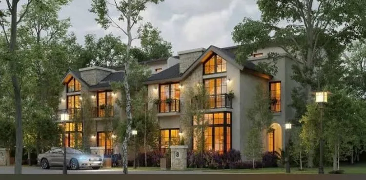 Rendering of townhouses with pitched roofs among tall trees - townhouse in The Wonder MarQ, Mostaqbal City