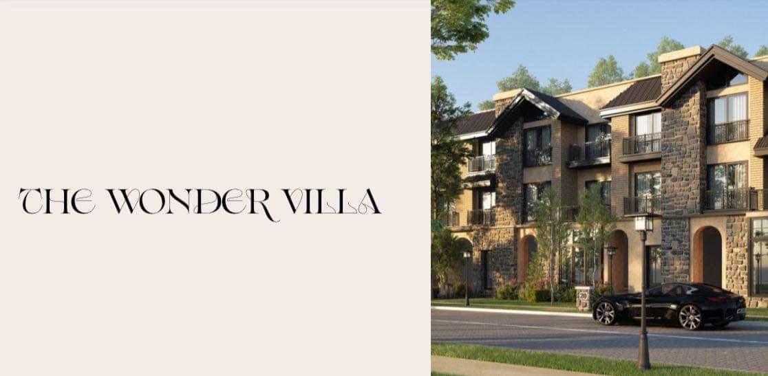 Promotional image of a stone-clad townhouse on a landscaped street - townhouse in The Wonder MarQ, Mostaqbal City