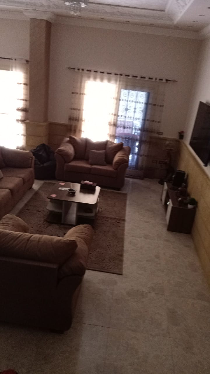 Living room with brown sofas and a sunlit window - duplex in South of Academy, New Cairo