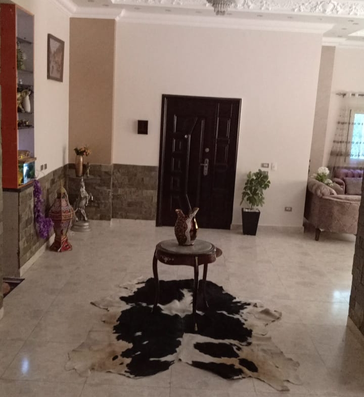 Entrance hall with a black rug and a dark door - duplex in South of Academy, New Cairo