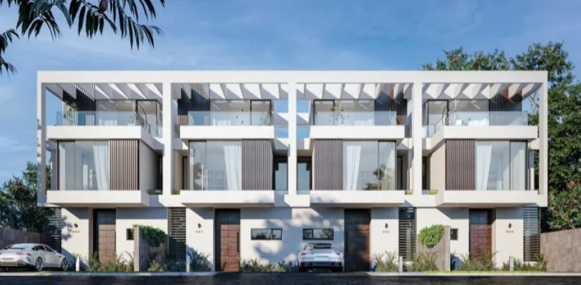 Rendered townhouse row with white pergolas and glass balconies - duplex in The Crest Compound, New Cairo