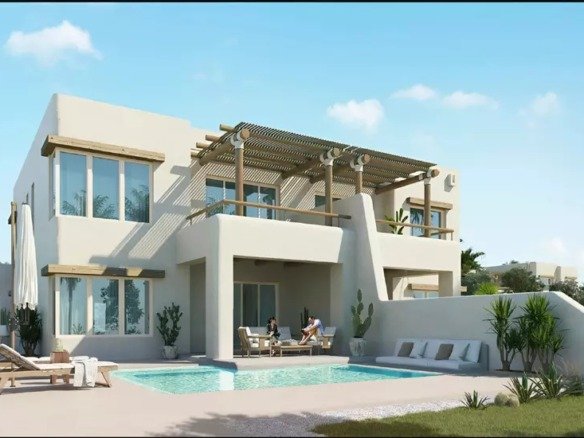 تصور معماري عام لمشروع هاسيندا ووترز، وليس صورة حقيقية أو للوحدة المعروضة. General Hacienda Waters architectural render, not a photograph or the listed townhouse.