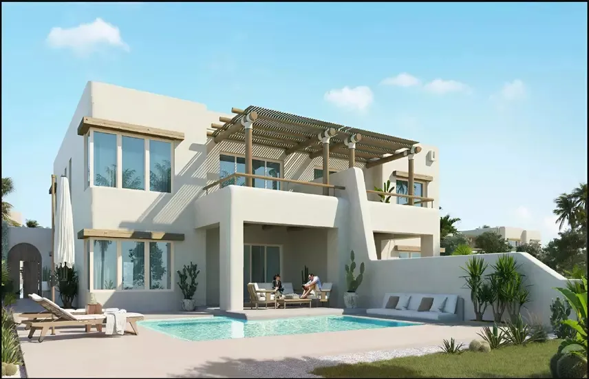 Developer render of a townhouse in Hacienda Waters, North Coast - تصور المطور لتاون هاوس في هاسيندا ووترز