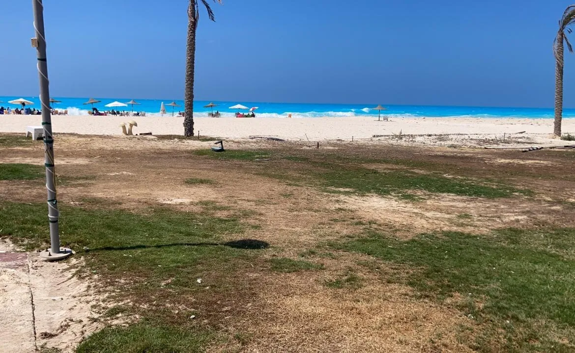 شاطئ بنخيل وبحر فيروزي خلف مساحة عشب - شاليه في بانجالوز، الساحل الشمالي