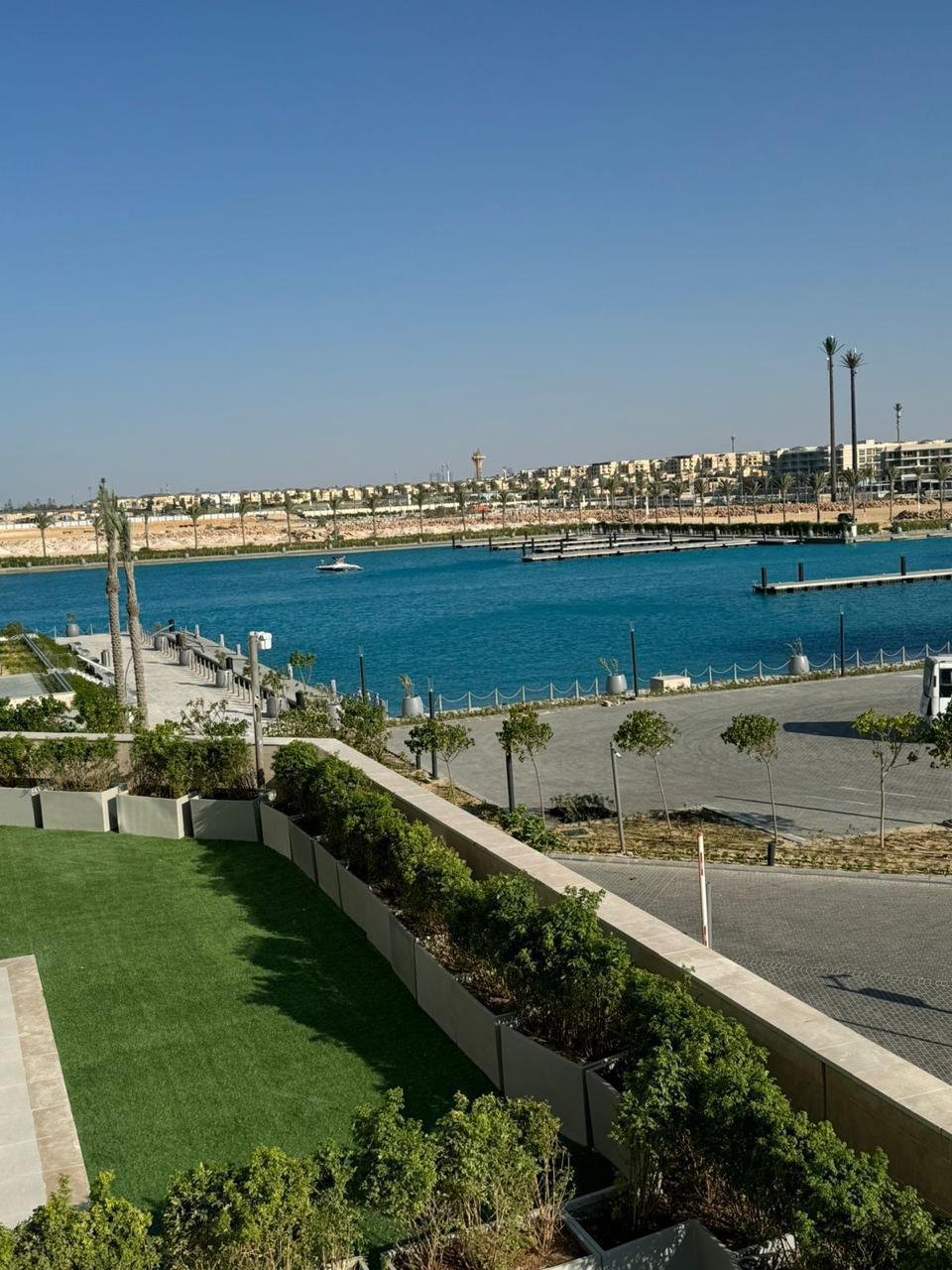 Marina and lawn viewed from the apartment in Marassi, North Coast