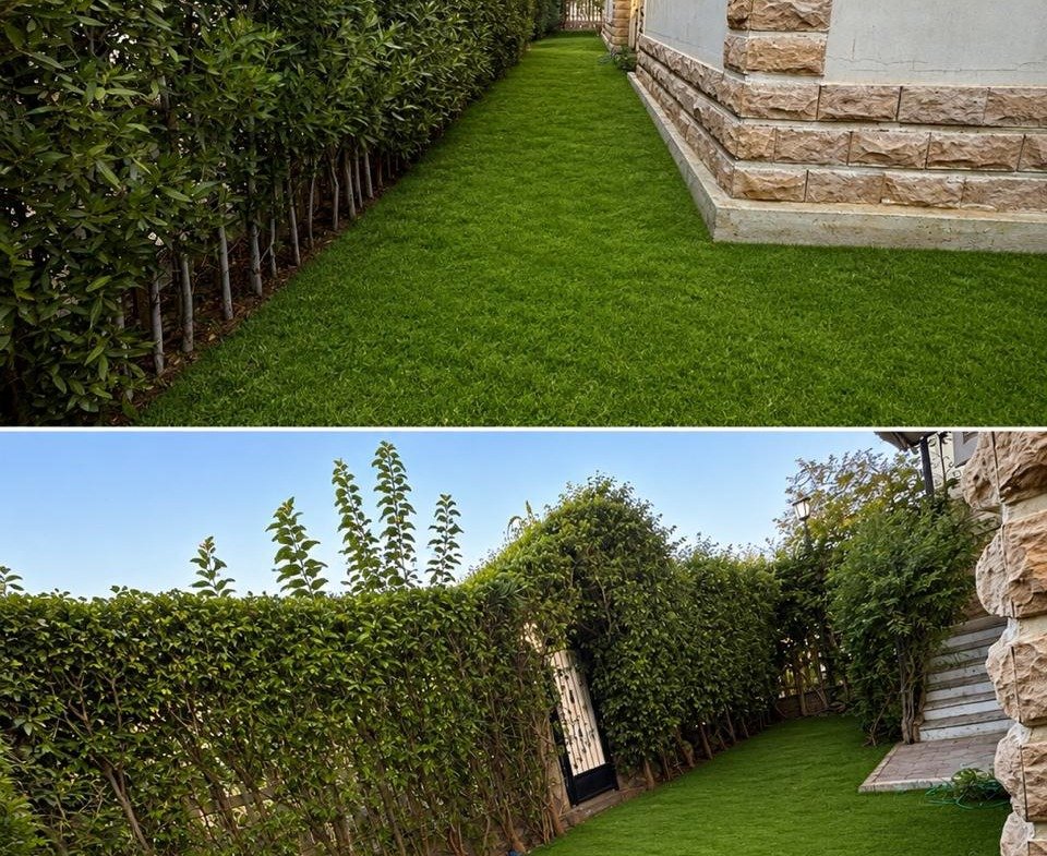 Two views of a private lawn with a tall hedge - apartment in Sahafeen Compound, New Cairo