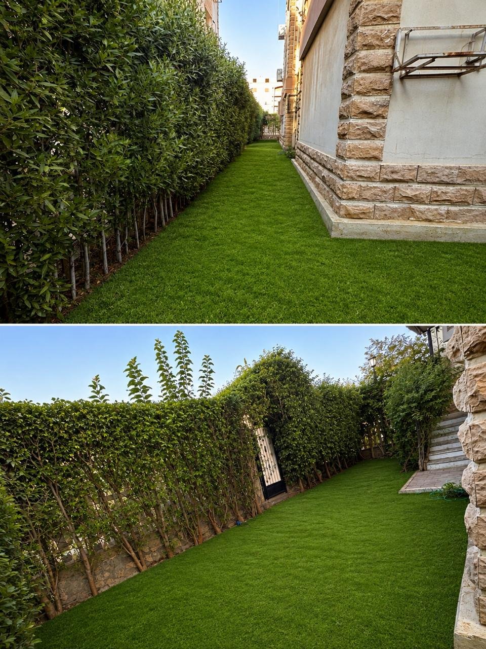 Two views of a private lawn with a tall hedge - apartment in Sahafeen Compound, New Cairo