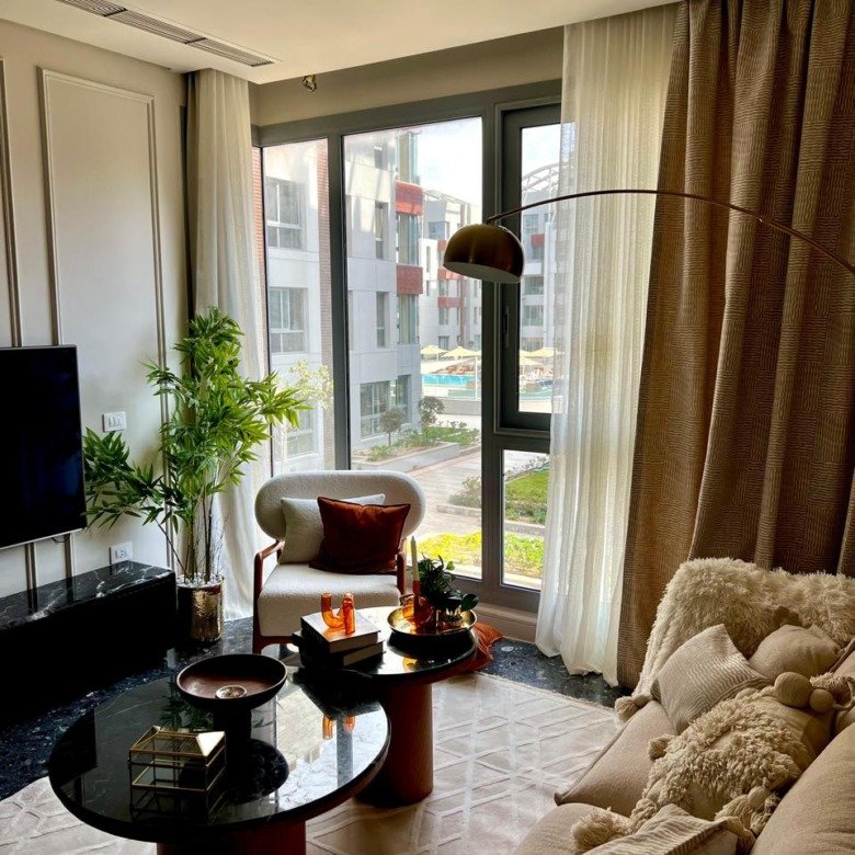 Living room seating beside a garden door