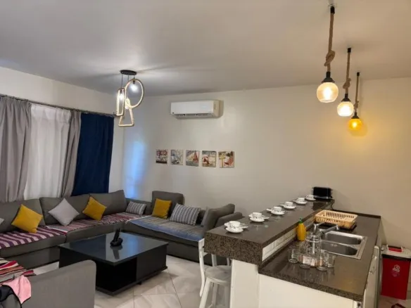 Reception and kitchen counter, chalet for rent in Marassi Blanca, North Coast