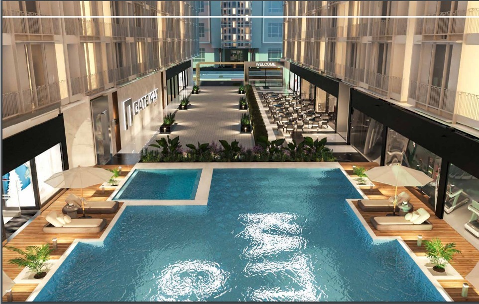 Rendered courtyard pool with umbrellas and lounge decks - studio in Kattamya Gate, New Cairo