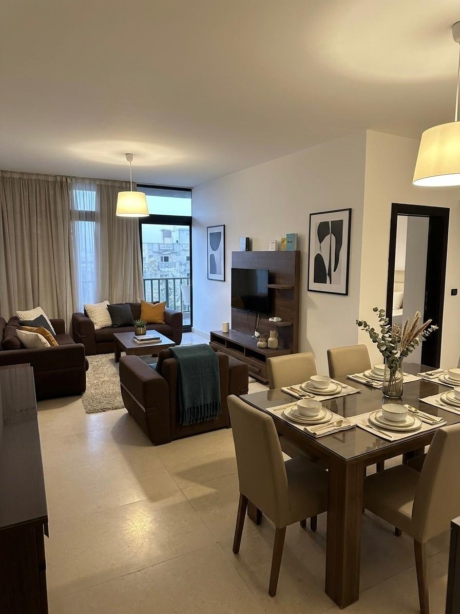 Reception and dining area, apartment for sale in Waterway 1, New Cairo | الريسيبشن ومنطقة الطعام، شقة للبيع في واتر واي 1، القاهرة الجديدة