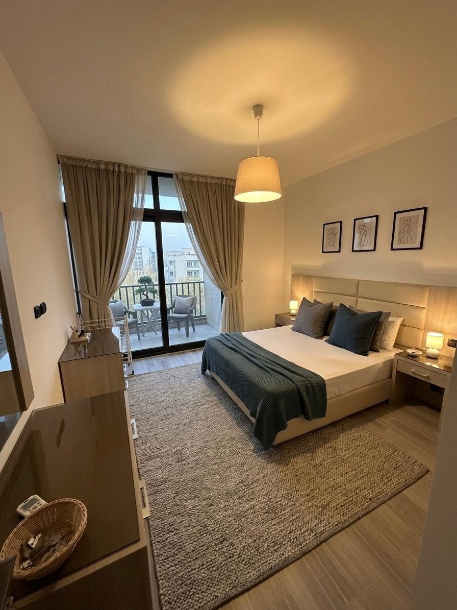 Bedroom with double bed, apartment for sale in Waterway 1, New Cairo | غرفة نوم بسرير مزدوج، شقة للبيع في واتر واي 1، القاهرة الجديدة