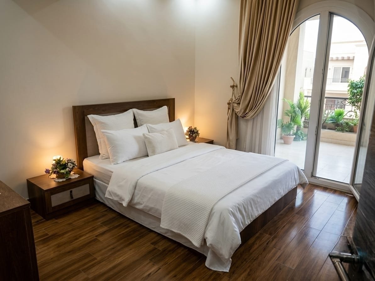 55-hyde-park-garden-apartment-rent-448-04 Double bedroom, Hyde Park garden apartment for rent | غرفة نوم بسرير مزدوج، شقة بحديقة للإيجار في هايد بارك