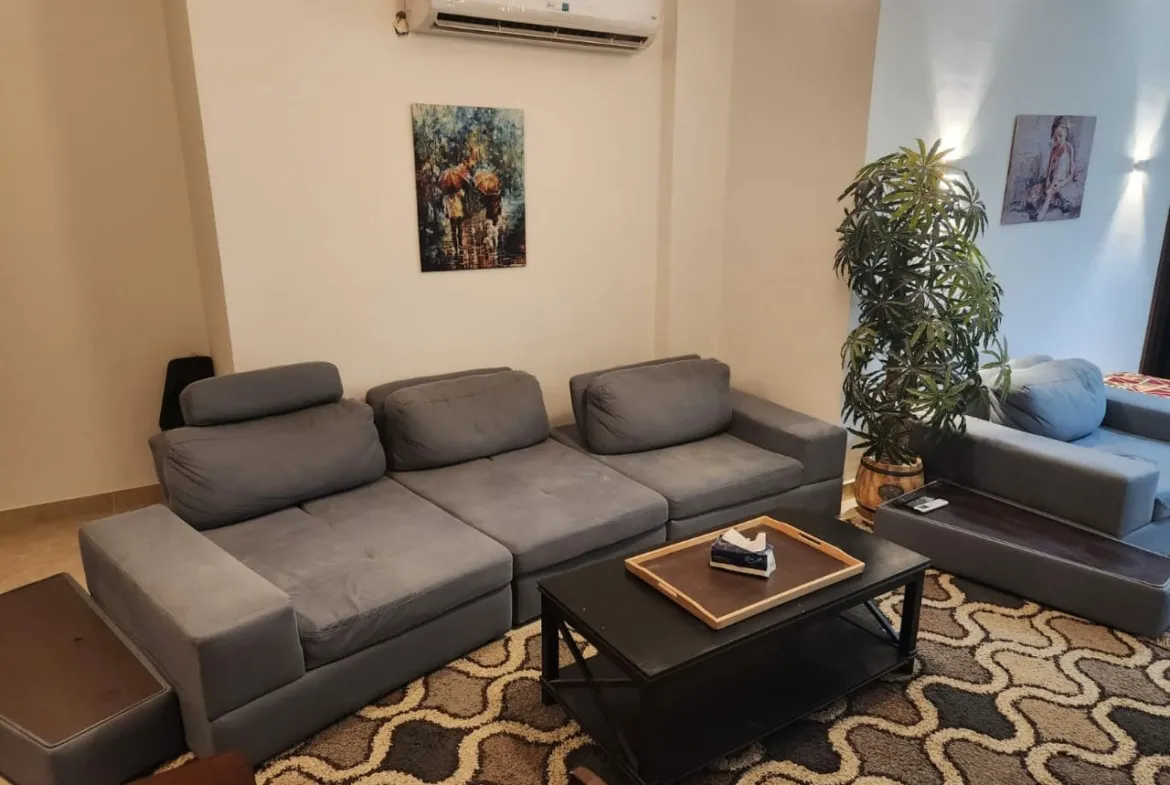 Living room with grey sofa and patterned rug - apartment in Golden Square, Fifth Square, New Cairo