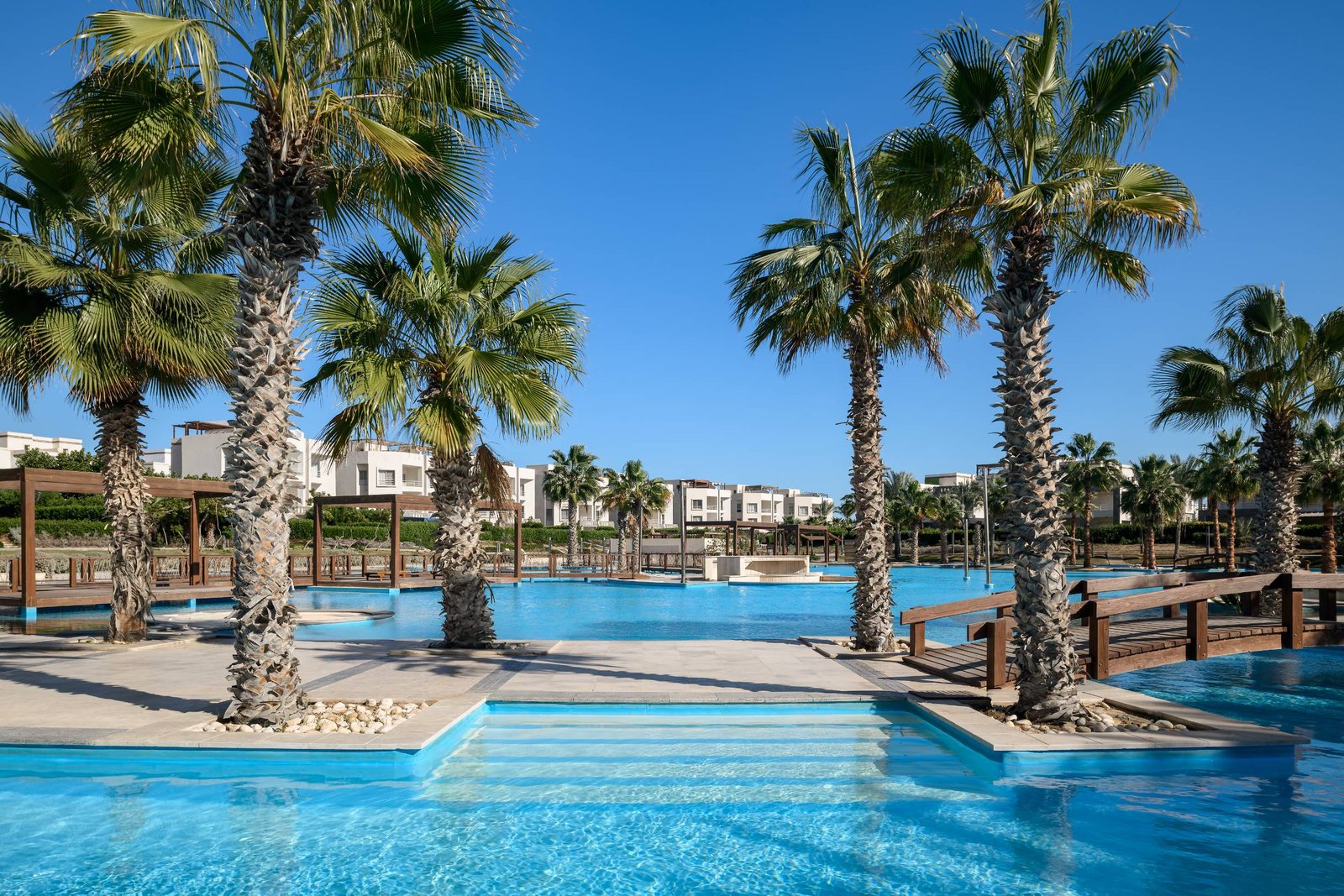 Palm trees and pool steps with a wooden bridge behind - chalet in Amwaj, North Coast