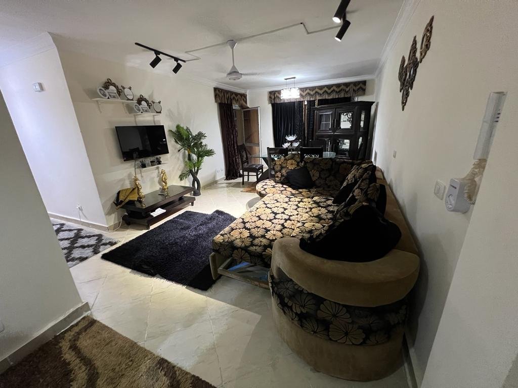 Living room seen from the corner with a TV and a dark rug - apartment in Dar Misr Al Andalus, 5th Settlement