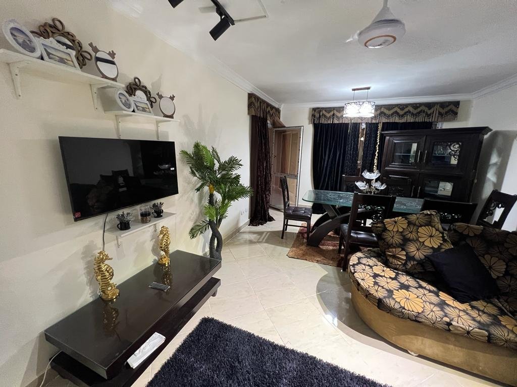 TV unit and a potted plant beside a curved sofa - apartment in Dar Misr Al Andalus, 5th Settlement