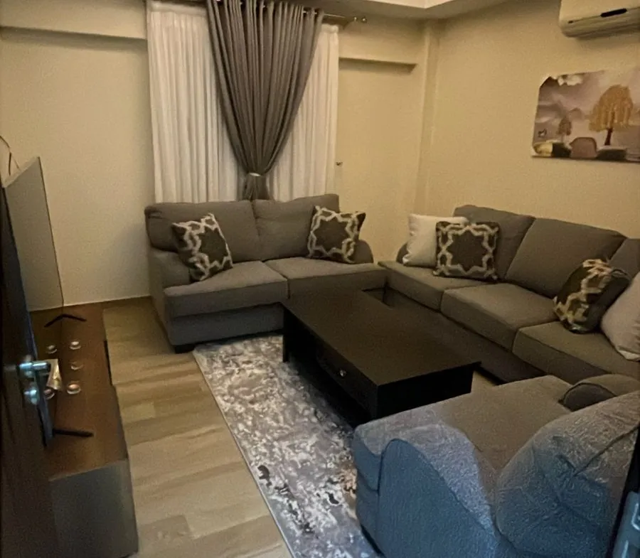 Living room with a dark sofa and a ceiling light frame - apartment in Eazy Life, New Cairo
