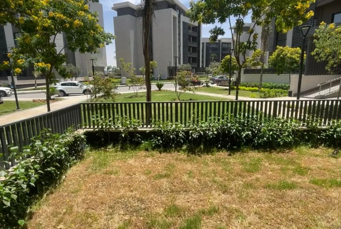 Grass strip and palm trees in front of residential buildings - apartment in Privado, New Cairo