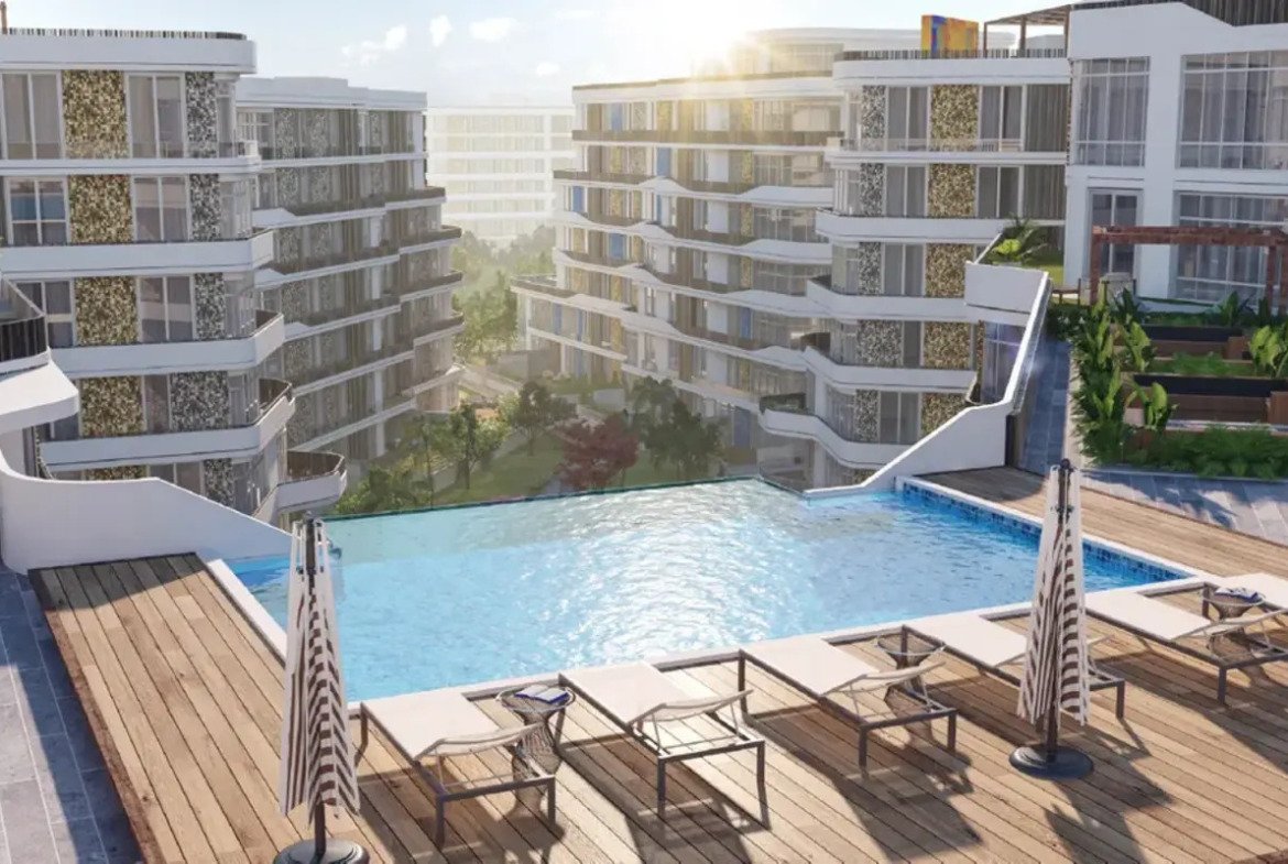 Bloomfields compound pool render - رندر حمام سباحة بلوم فيلدز - apartment for sale in Bloomfields (developer render)