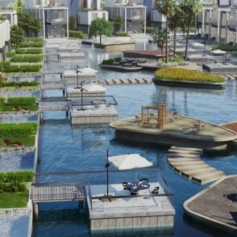 Bloomfields compound lagoon render - رندر لاجون بلوم فيلدز مدينة المستقبل - apartment for sale in Bloomfields (developer render)