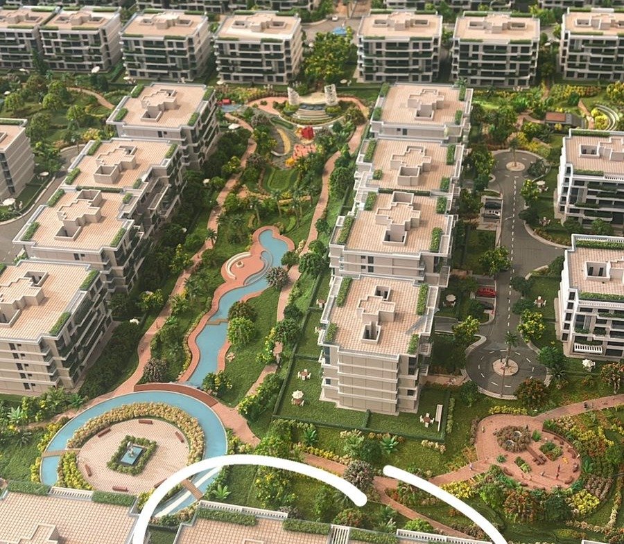 Aerial rendering with a circled group of buildings - apartment in Blue Tree Golden Square, 5th Settlement