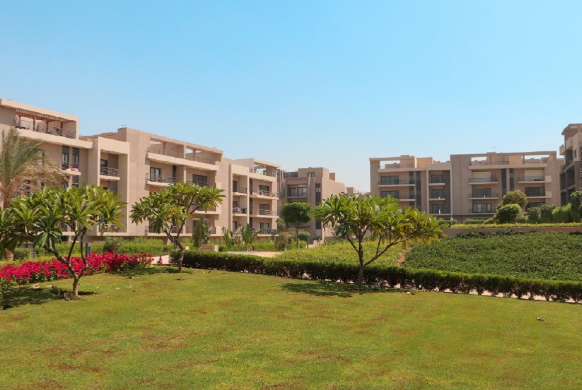Lawn and hedges in front of the apartment buildings - apartment in Fifth Square, New Cairo