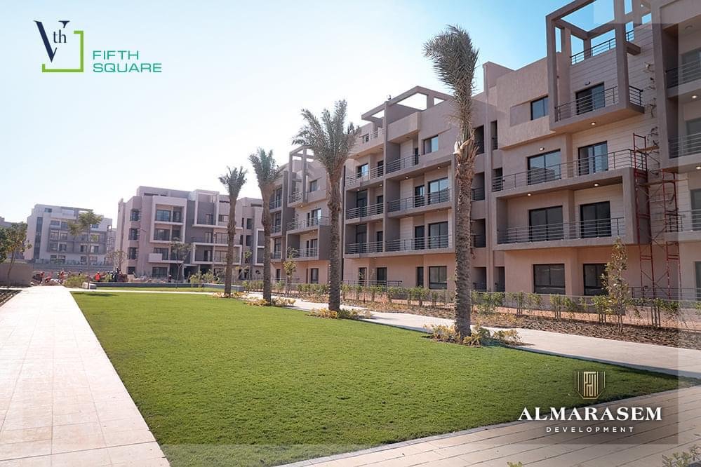 Lawn and palm trees beside the buildings - apartment in Fifth Square, New Cairo