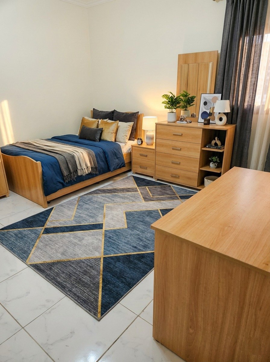 heliopolis-apt-196-5 غرفة نوم مع غطاء سرير أزرق وسجادة هندسية - شقة في مصر الجديدة