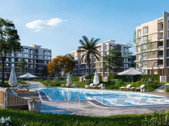 Pool and landscaped grounds in Hyde Park, New Cairo