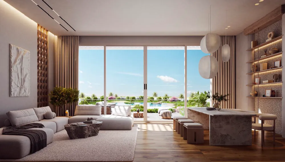 Rendering of a bright living room with glass wall and lagoon view - chalet in Hacienda Waters, North Coast