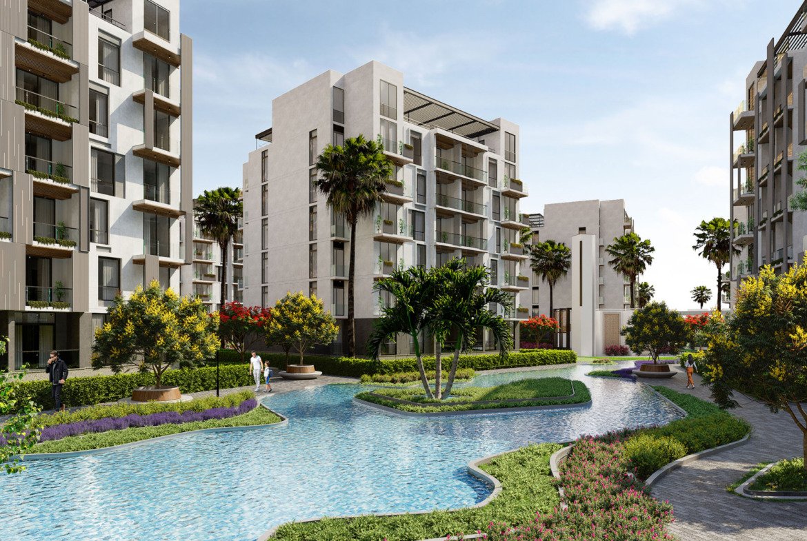 Rendering of white apartment buildings around a curved lagoon pool - apartment in The Icon Gardens, 5th Settlement