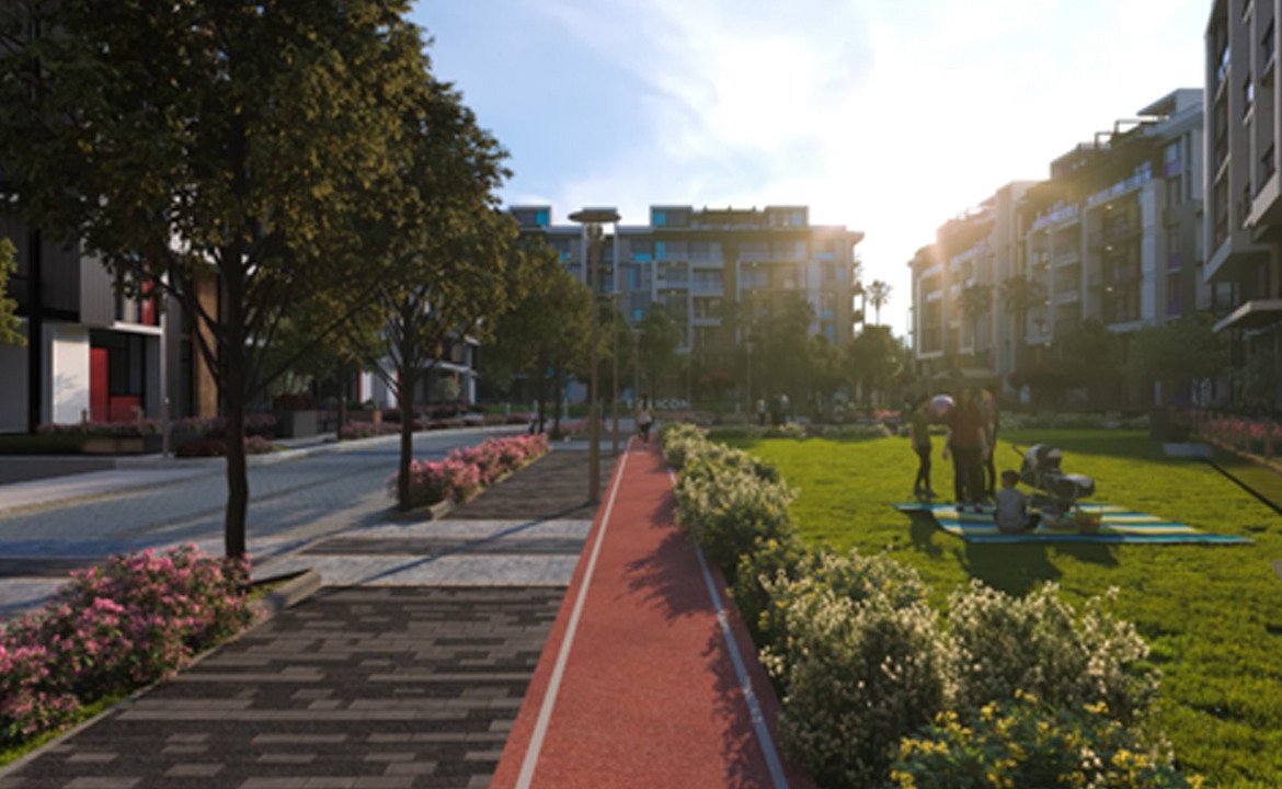Rendering of a tree-lined road beside a red jogging track and lawn - apartment in The Icon Gardens, 5th Settlement