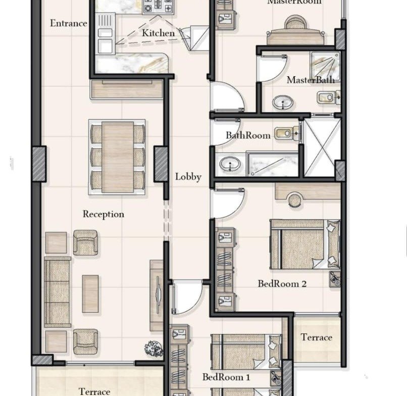 Floor plan of a three-bedroom apartment - apartment in The Icon Gardens, 5th Settlement