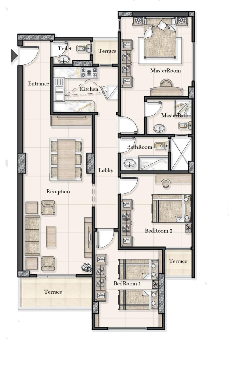 Floor plan of a three-bedroom apartment - apartment in The Icon Gardens, 5th Settlement