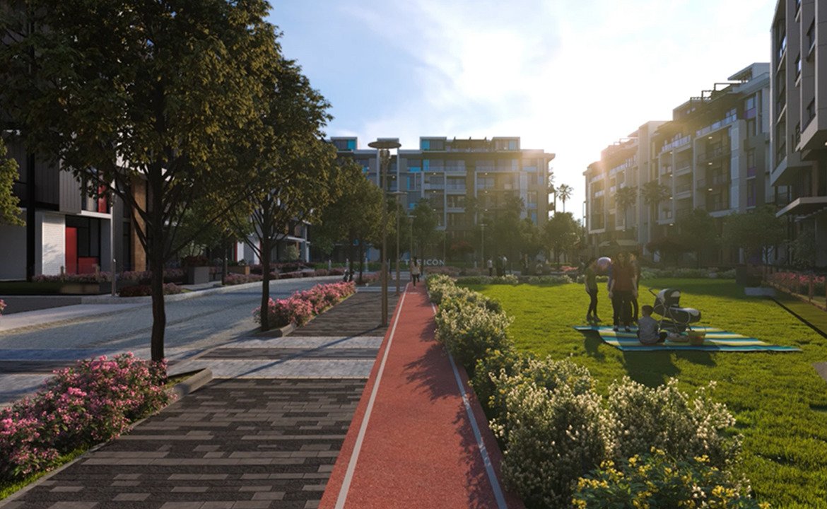 Rendering of a landscaped walkway with a red jogging track - apartment in The Icon Gardens, 5th Settlement