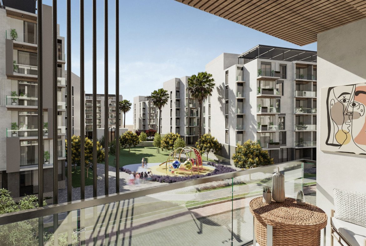 Rendering of a balcony view over a courtyard with a play area - apartment in The Icon Gardens, 5th Settlement