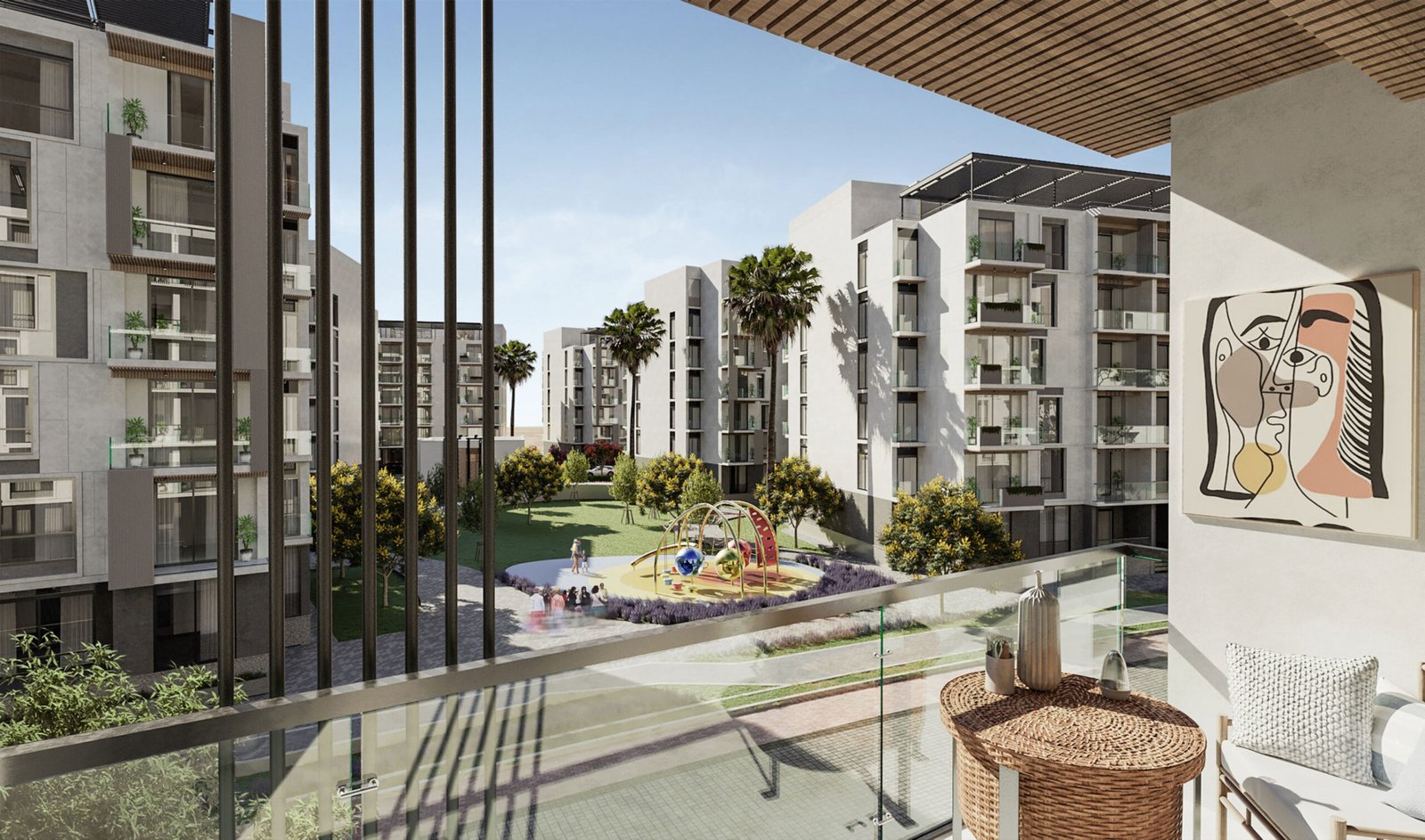 Rendering of a balcony view over a courtyard with a play area - apartment in The Icon Gardens, 5th Settlement