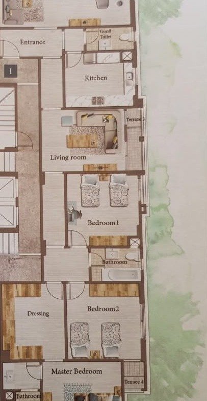 Printed floor plan of a long apartment with several rooms - apartment in L’avenir Sabbour, Mostaqbal City