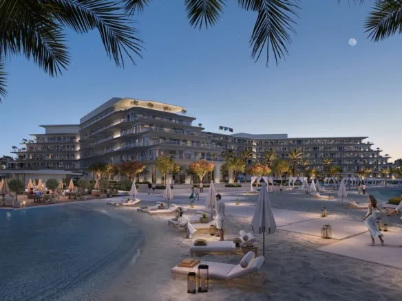 Serviced residence building and lagoon at Soul by Emaar North Coast (developer render) - مبنى الوحدات الفندقية واللاجون في سول إعمار الساحل الشمالي (تصور تسويقي)