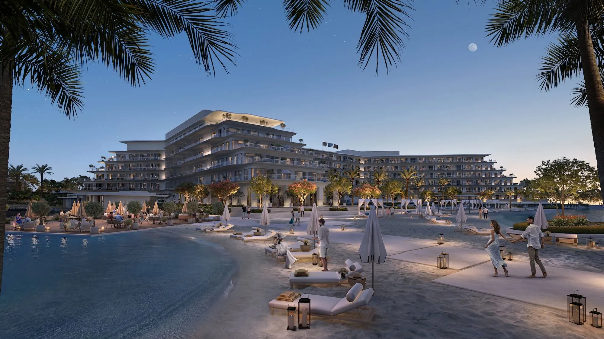 mirage-city-render-13012 Lagoon beachfront with a hotel-style building at dusk - hotel apartment in Soul by Emaar, North Coast