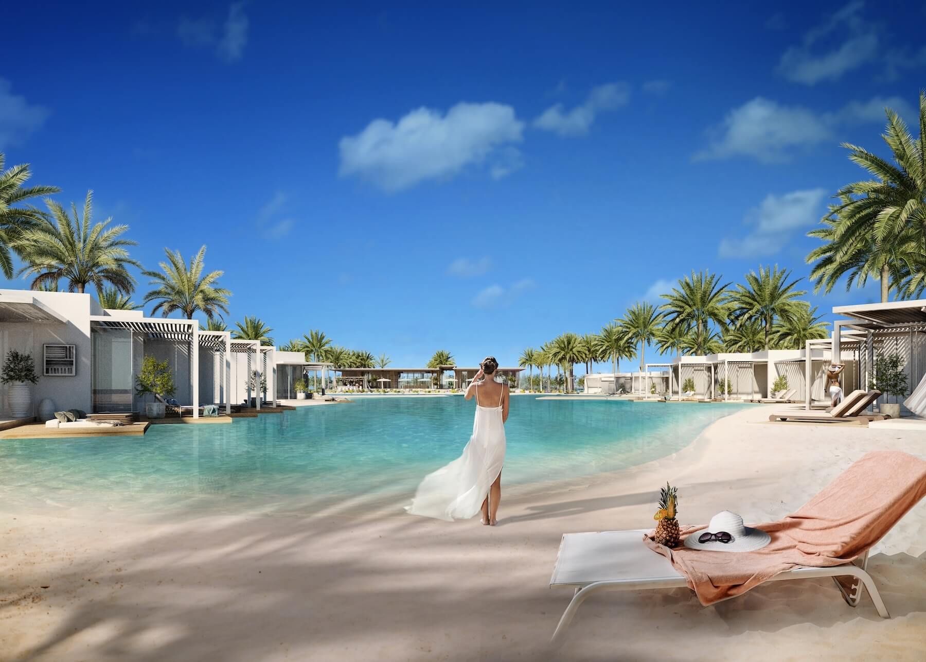 soul-emaar-render-3 Woman walking on a sandy lagoon beach with a lounger - hotel apartment in Soul by Emaar, North Coast