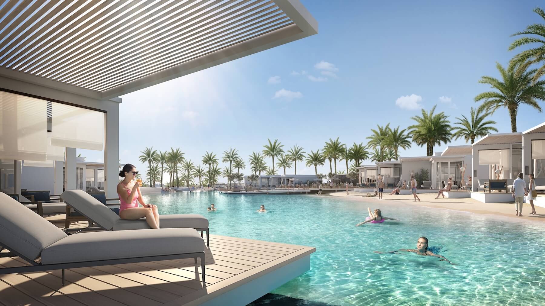 mirage-city-render-13015 Pool deck with lounger under a louvered pergola - hotel apartment in Soul by Emaar, North Coast