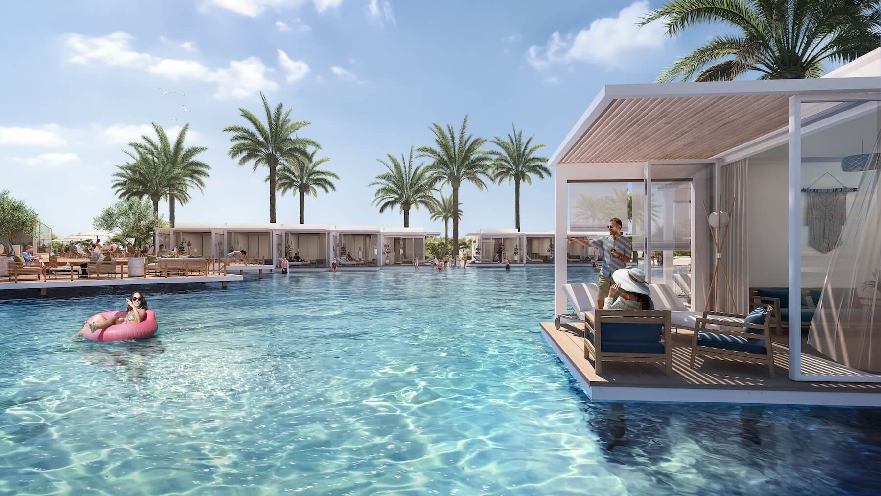 mirage-city-render-13016 Floating cabana in a lagoon pool with swimmers - hotel apartment in Soul by Emaar, North Coast