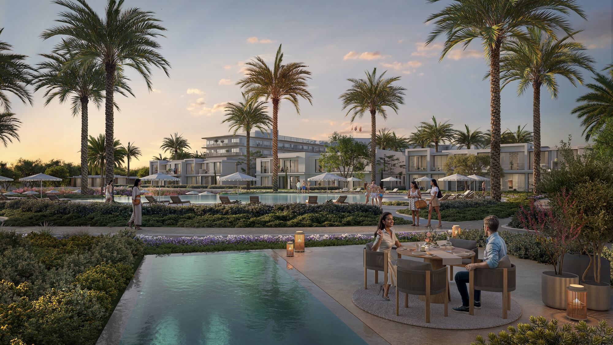mirage-city-render-13017 Couple dining beside a lagoon with palm trees at dusk - hotel apartment in Soul by Emaar, North Coast