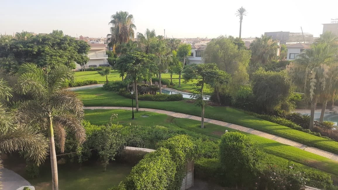 حديقة بممرات منحنية ونخيل وسياج - شقة في ليك فيو ريزيدنس، القاهرة الجديدة