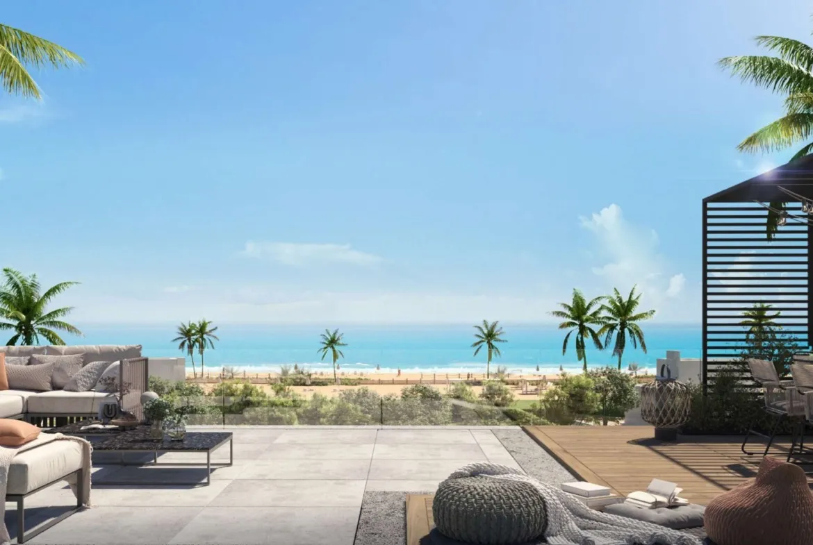 Beachfront lounge terrace with palm trees and turquoise sea - unit in LVLS Ras El Hekma, North Coast