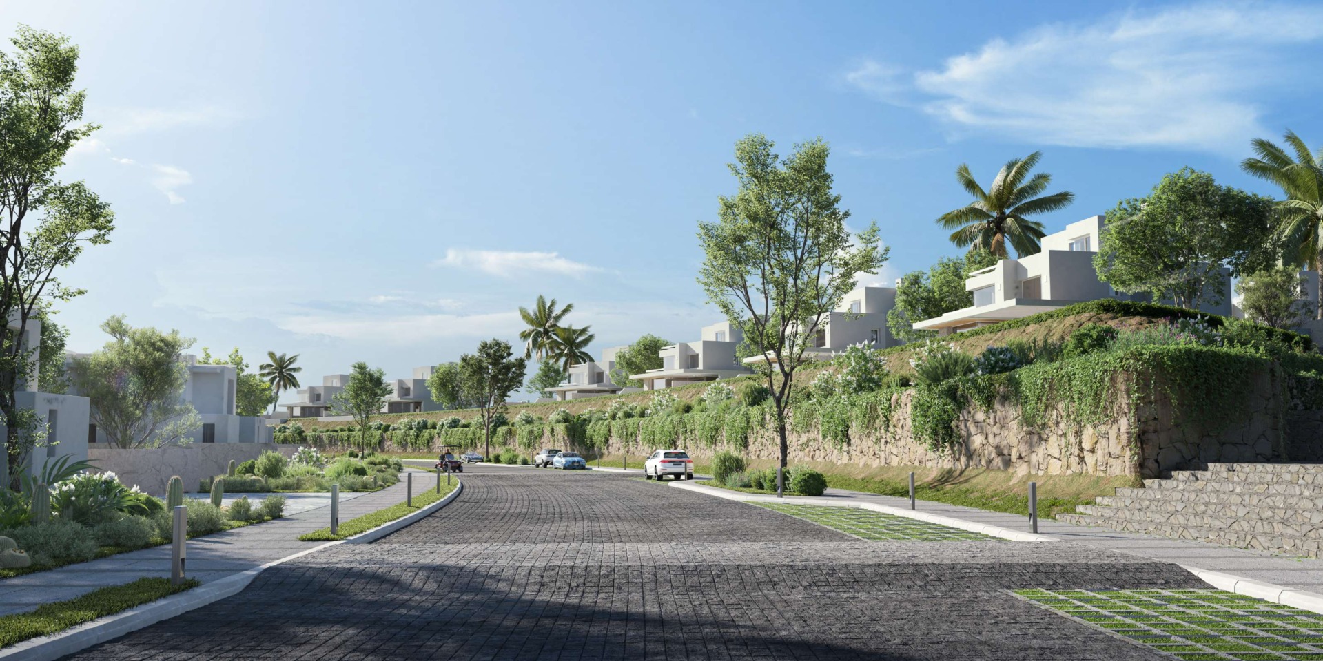 lvls-townhouses-street-render Landscaped road lined with trees and white villas - unit in LVLS Ras El Hekma, North Coast